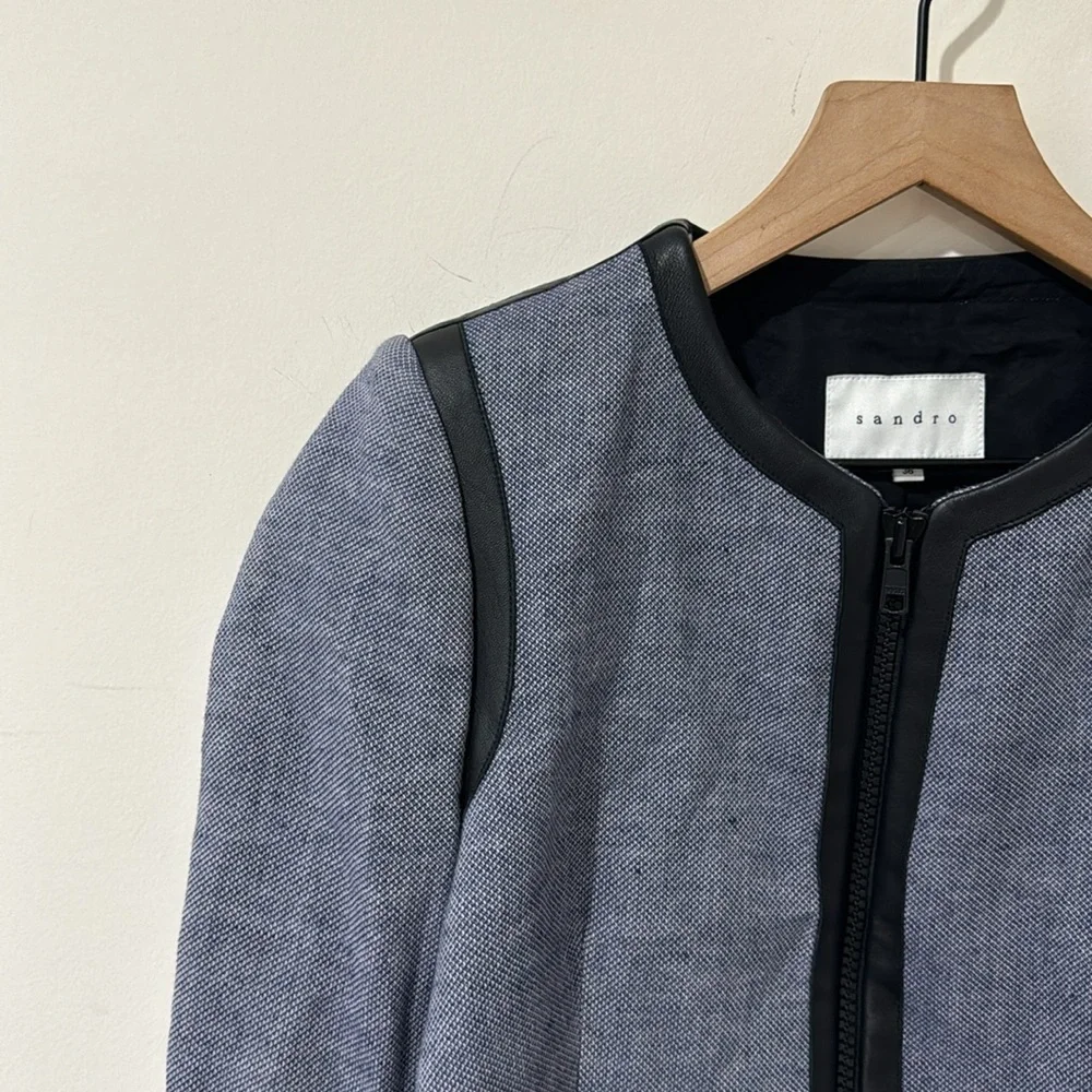 • Sandro Paris • Women’s Zip Up Blazer Jacket Blue & Black Lamb Leather Lining